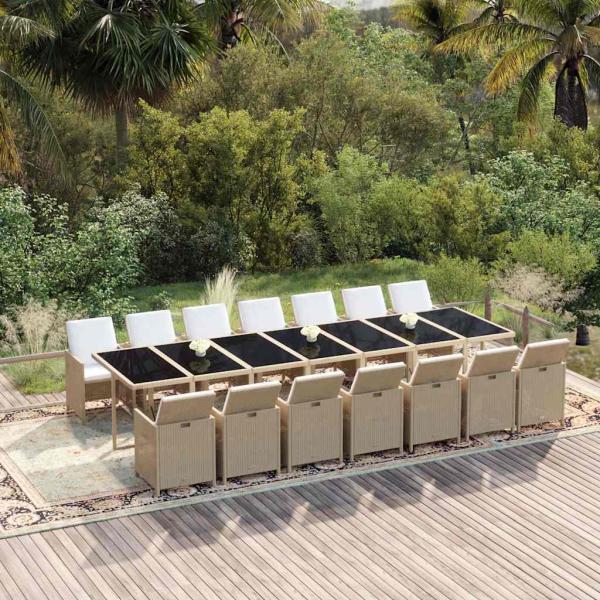 ARDEBO.de - 15-tlg. Garten-Essgruppe mit Kissen Poly Rattan Beige