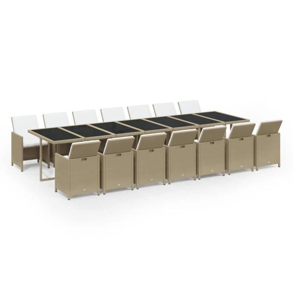 15-tlg. Garten-Essgruppe mit Kissen Poly Rattan Beige