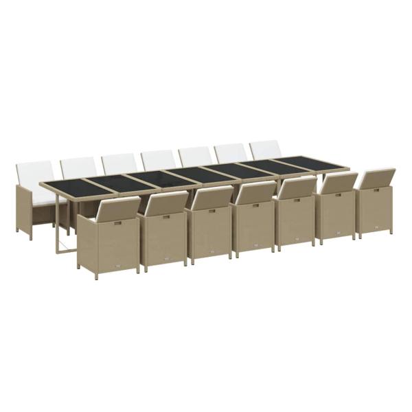 15-tlg. Garten-Essgruppe mit Kissen Poly Rattan Beige
