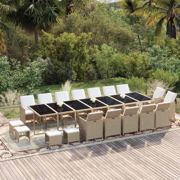 ARDEBO.de - 19-tlg. Garten-Essgruppe mit Kissen Poly Rattan Beige