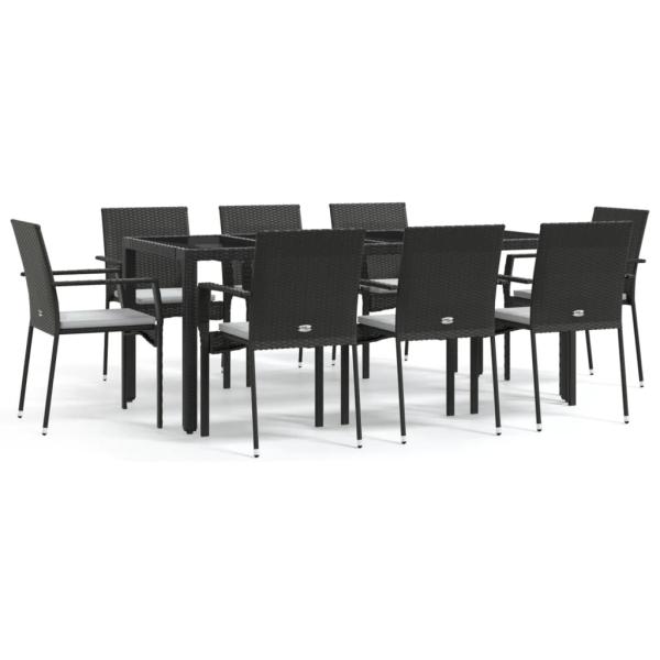 9-tlg. Garten-Essgruppe mit Kissen Schwarz Poly Rattan
