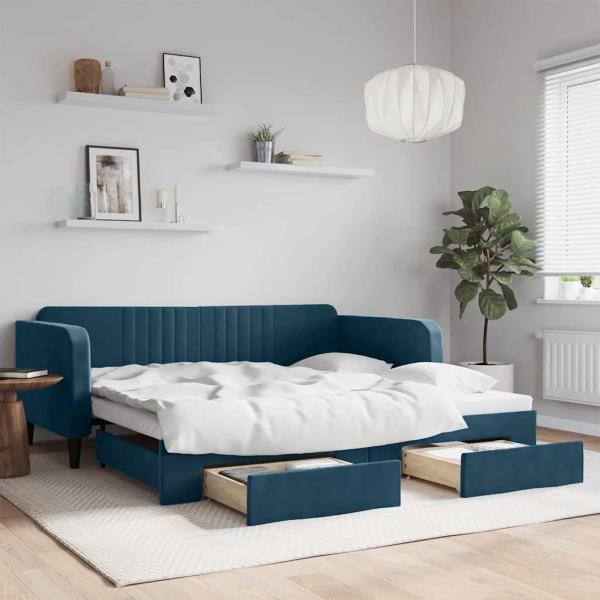 ARDEBO.de - Tagesbett Ausziehbar mit Schubladen Blau 100x200 cm Samt