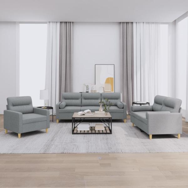 ARDEBO.de - 3-tlg. Sofagarnitur mit Kissen Hellgrau Stoff