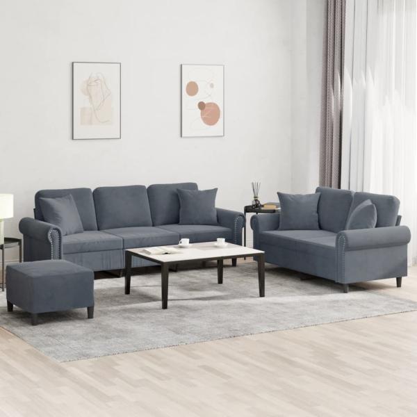 ARDEBO.de - 3-tlg. Sofagarnitur mit Kissen Dunkelgrau Samt