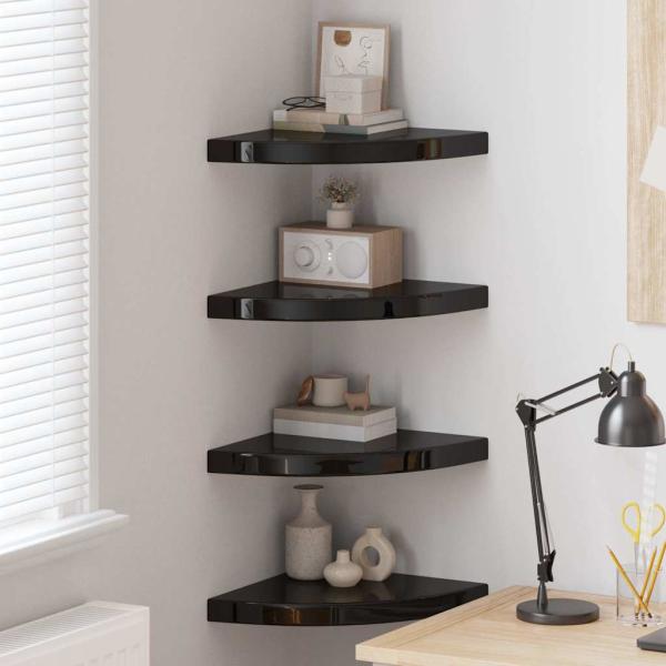 ARDEBO.de - Eck-Schweberegale 4 Stk. Hochglanz-Schwarz 35x35x3,8 cm MDF