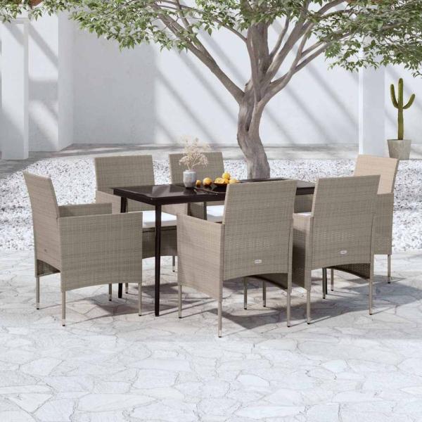 ARDEBO.de - 7-tlg. Garten-Essgruppe mit Kissen Beige und Schwarz