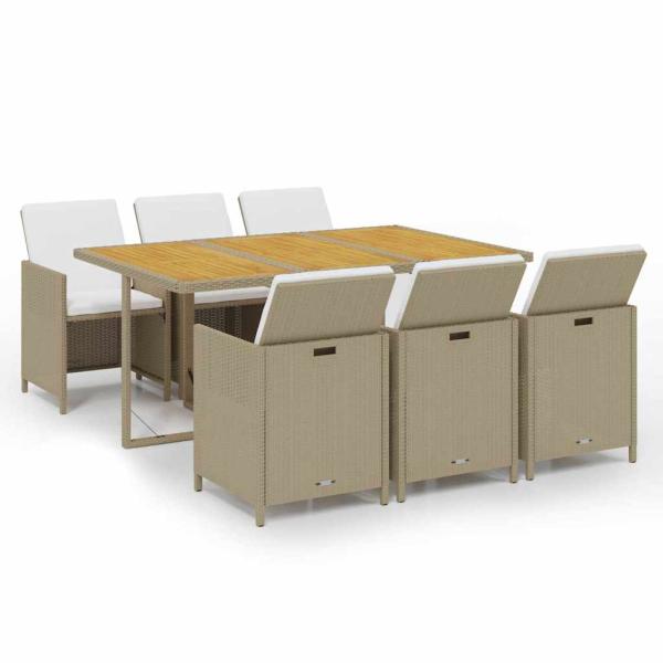 7-tlg. Garten-Essgruppe mit Kissen Poly Rattan Beige