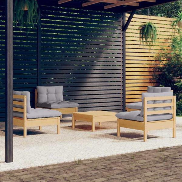 ARDEBO.de - 5-tlg. Garten-Lounge-Set mit Grauen Kissen Kiefernholz