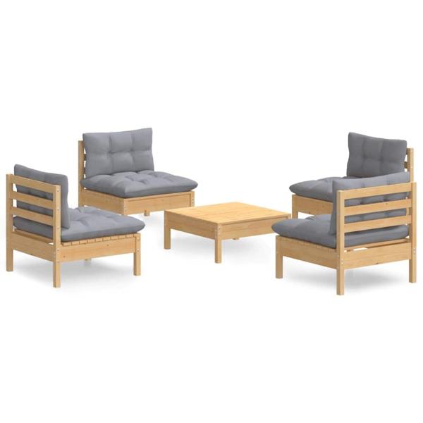 5-tlg. Garten-Lounge-Set mit Grauen Kissen Kiefernholz