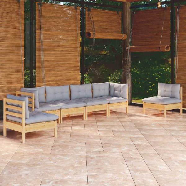 ARDEBO.de - 6-tlg. Garten-Lounge-Set mit Grauen Kissen Kiefer Massivholz