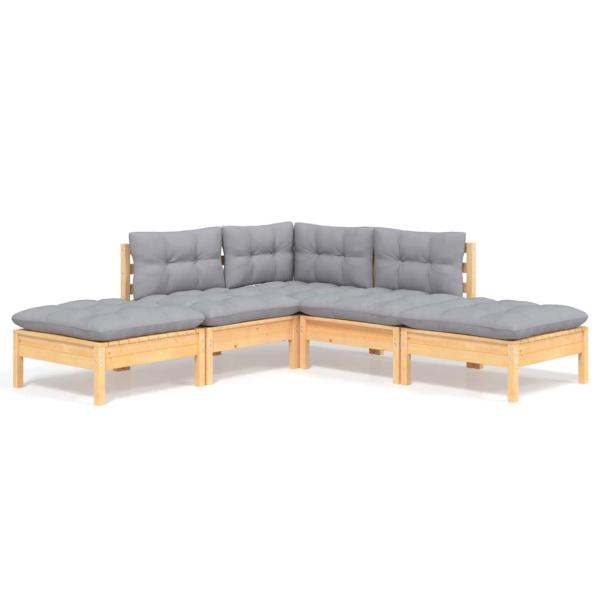 5-tlg. Garten-Lounge-Set mit Grauen Kissen Kiefernholz