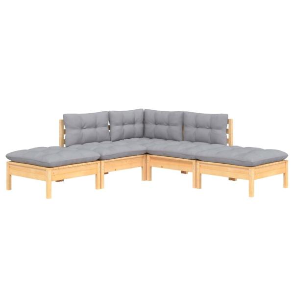 5-tlg. Garten-Lounge-Set mit Grauen Kissen Kiefernholz