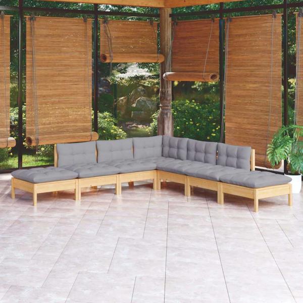 ARDEBO.de - 7-tlg. Garten-Lounge-Set mit Grauen Kissen Kiefernholz