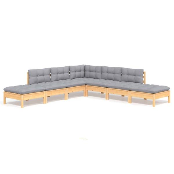 7-tlg. Garten-Lounge-Set mit Grauen Kissen Kiefernholz