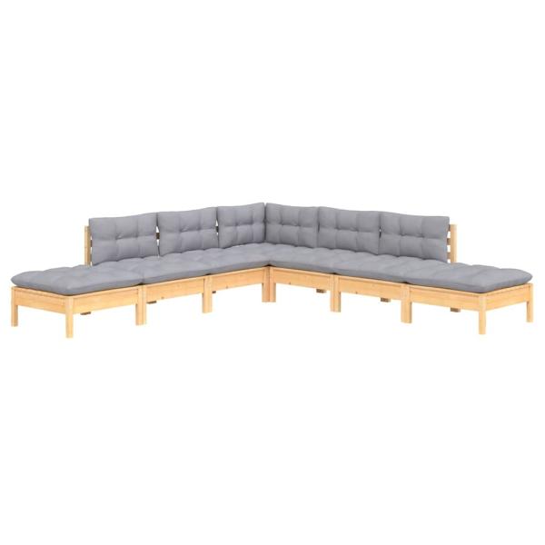 7-tlg. Garten-Lounge-Set mit Grauen Kissen Kiefernholz
