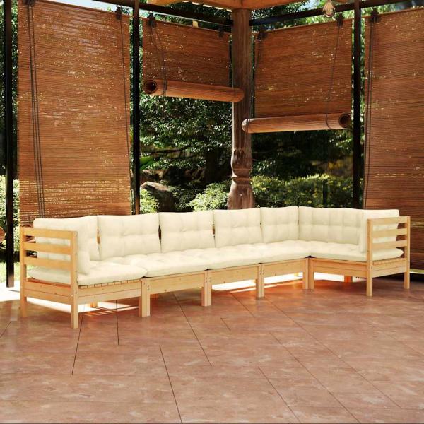 ARDEBO.de - 6-tlg. Garten-Lounge-Set mit Creme Kissen Kiefernholz