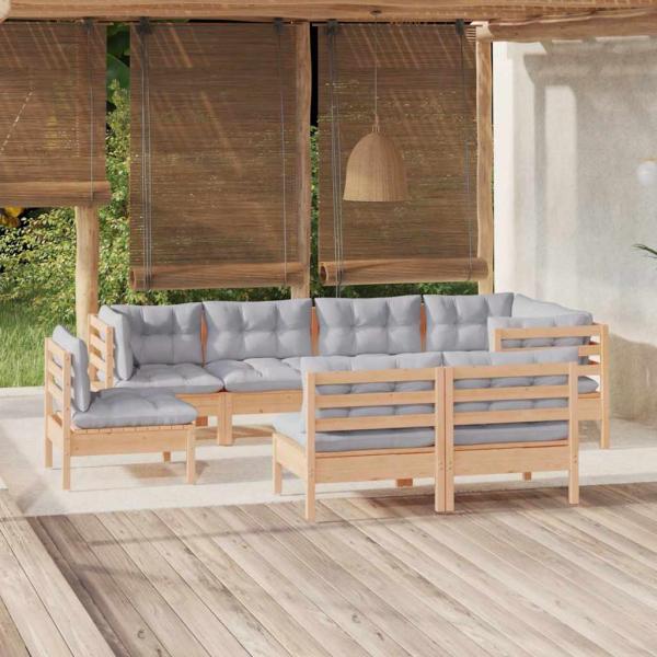 ARDEBO.de - 8-tlg. Garten-Lounge-Set mit Grauen Kissen Kiefer Massivholz