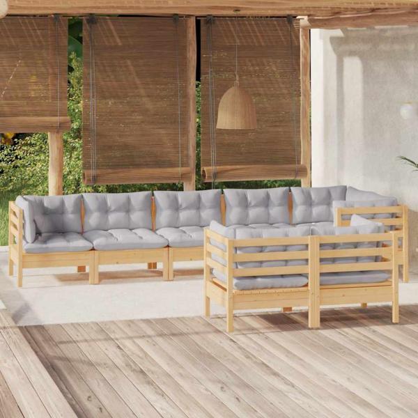 ARDEBO.de - 8-tlg. Garten-Lounge-Set mit Grauen Kissen Kiefer Massivholz
