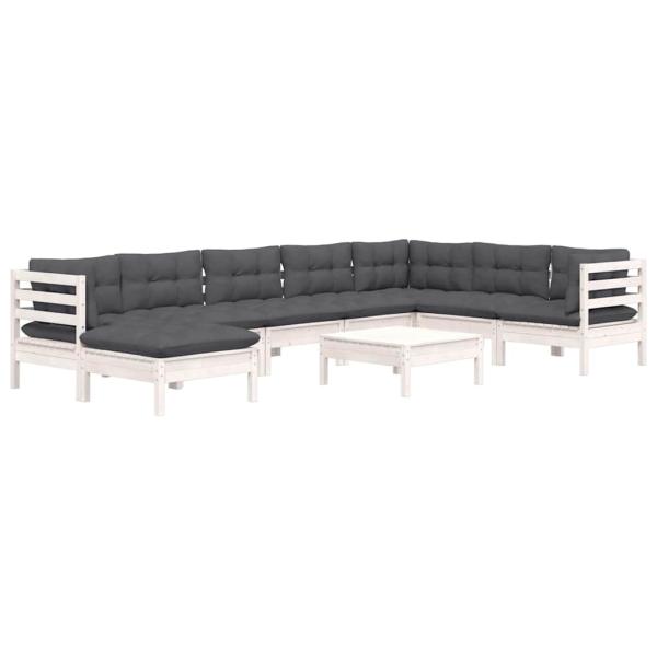 9-tlg. Garten-Lounge-Set mit Kissen Weiß Kiefer Massivholz