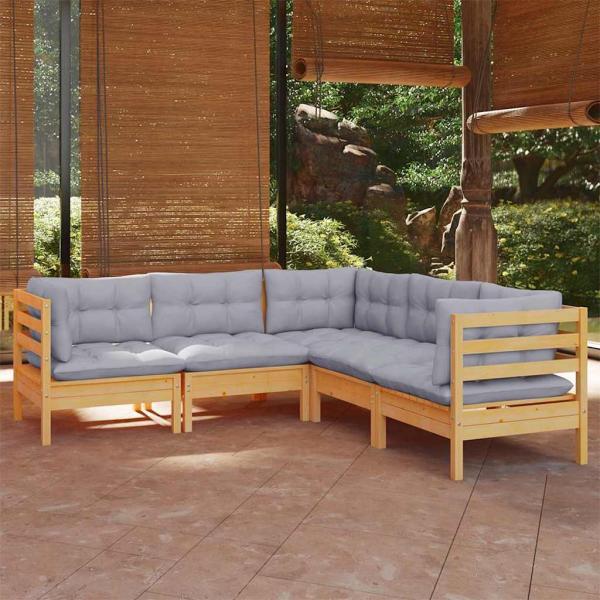 ARDEBO.de - 5-tlg. Garten-Lounge-Set mit Grauen Kissen Kiefer Massivholz