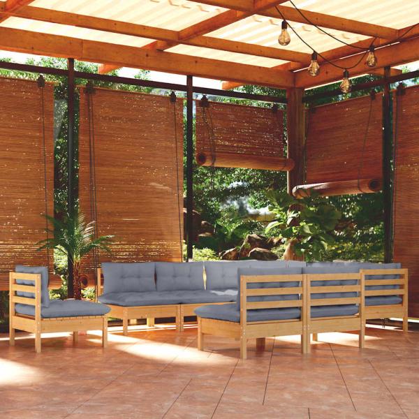 ARDEBO.de - 10-tlg. Garten-Lounge-Set mit Grauen Kissen Kiefer Massivholz