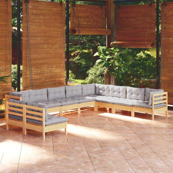 ARDEBO.de - 10-tlg. Garten-Lounge-Set mit Grauen Kissen Massivholz Kiefer
