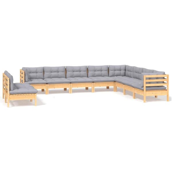 10-tlg. Garten-Lounge-Set mit Grauen Kissen Massivholz Kiefer