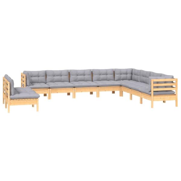 10-tlg. Garten-Lounge-Set mit Grauen Kissen Massivholz Kiefer