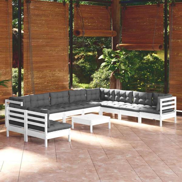 ARDEBO.de - 11-tlg. Garten-Lounge-Set mit Kissen Weiß Massivholz Kiefer