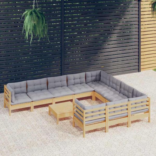 ARDEBO.de - 11-tlg. Garten-Lounge-Set mit Grauen Kissen Kiefernholz