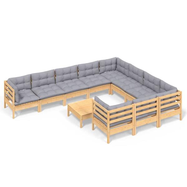 11-tlg. Garten-Lounge-Set mit Grauen Kissen Kiefernholz