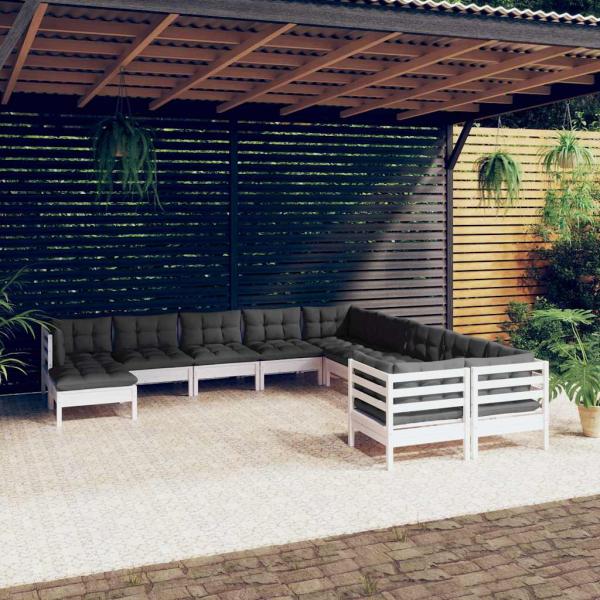 ARDEBO.de - 11-tlg. Garten-Lounge-Set mit Kissen Weiß Kiefernholz