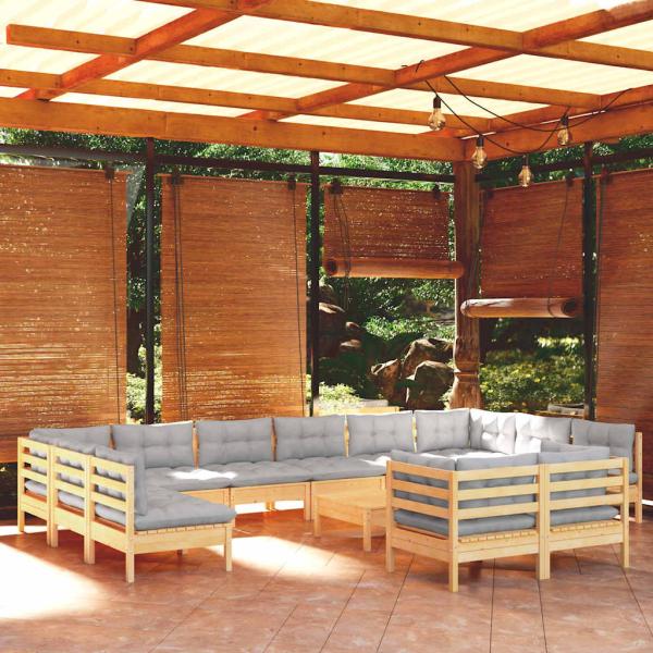 ARDEBO.de - 13-tlg. Garten-Lounge-Set mit Grauen Kissen Kiefernholz