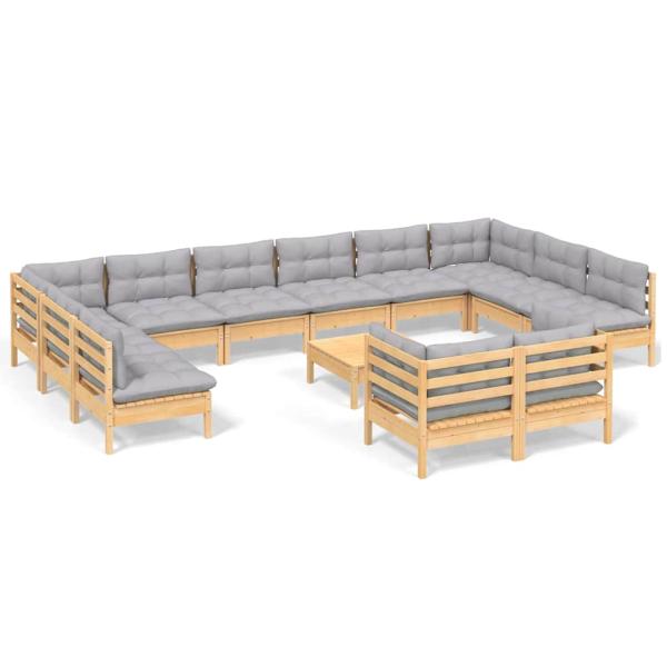 13-tlg. Garten-Lounge-Set mit Grauen Kissen Kiefernholz