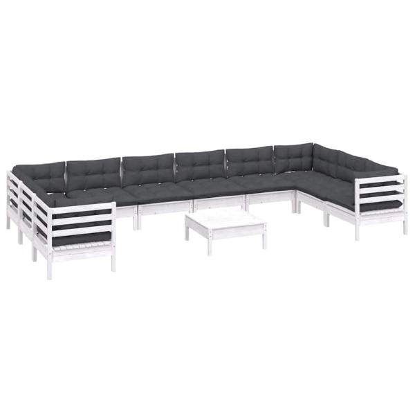 11-tlg. Garten-Lounge-Set mit Kissen Weiß Kiefernholz