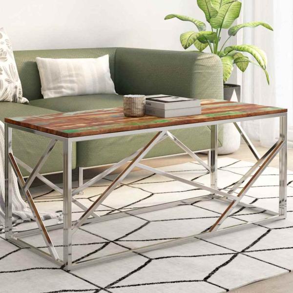ARDEBO.de - Couchtisch Silbern Edelstahl und Altholz Massivholz