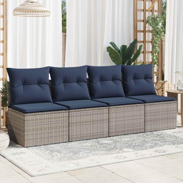 Gartensofa mit Kissen 4-Sitzer Grau Poly Rattan