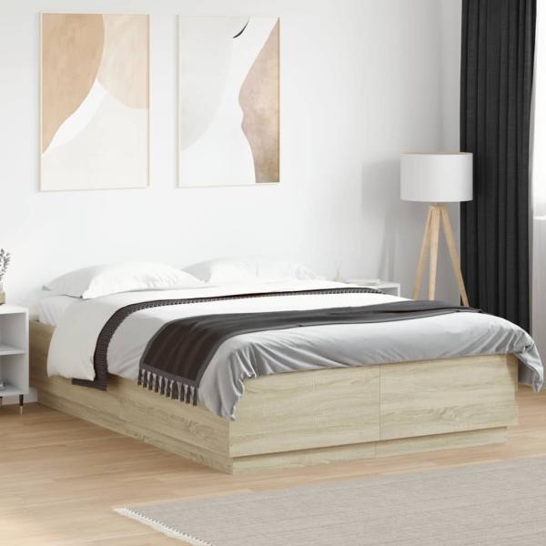 ARDEBO.de - Bettgestell mit LED Sonoma-Eiche 140x200 cm Holzwerkstoff