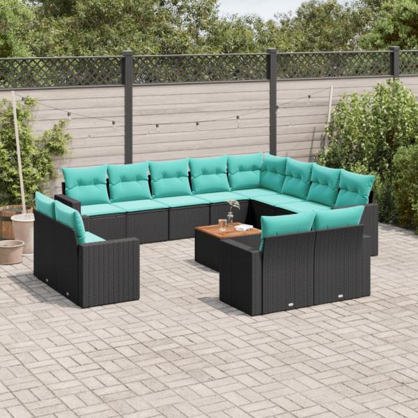 ARDEBO.de - 13-tlg. Garten-Sofagarnitur mit Kissen Schwarz Poly Rattan