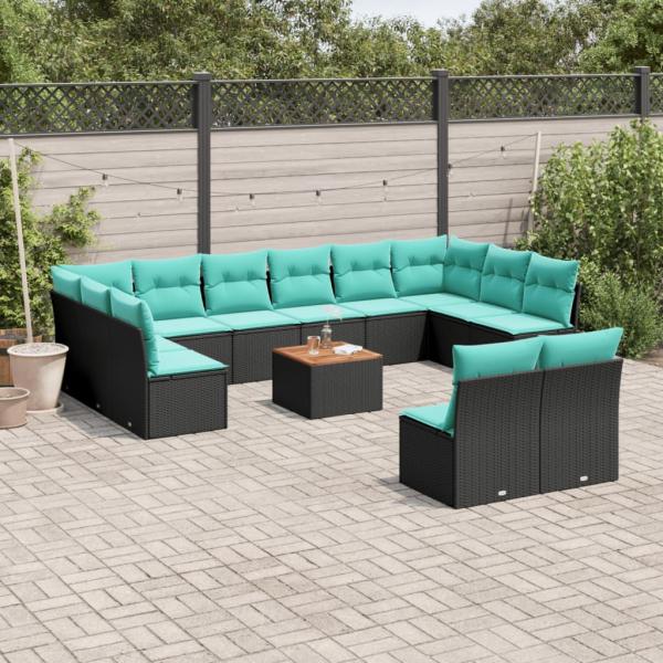 ARDEBO.de - 13-tlg. Garten-Sofagarnitur mit Kissen Schwarz Poly Rattan