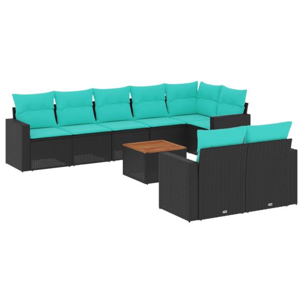 9-tlg. Garten-Sofagarnitur mit Kissen Schwarz Poly Rattan