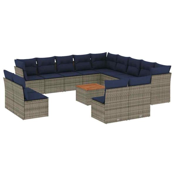 14-tlg. Garten-Sofagarnitur mit Kissen Grau Poly Rattan