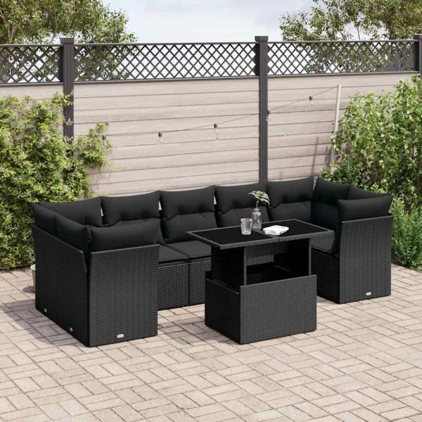 ARDEBO.de - 8-tlg. Garten-Sofagarnitur mit Kissen Schwarz Poly Rattan
