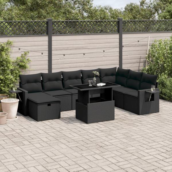 ARDEBO.de - 9-tlg. Garten-Sofagarnitur mit Kissen Schwarz Poly Rattan