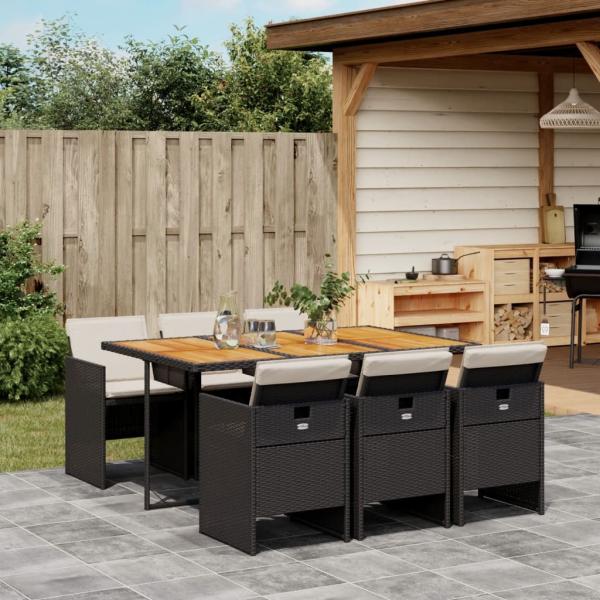 ARDEBO.de - 7-tlg. Garten-Essgruppe mit Kissen Schwarz Poly Rattan