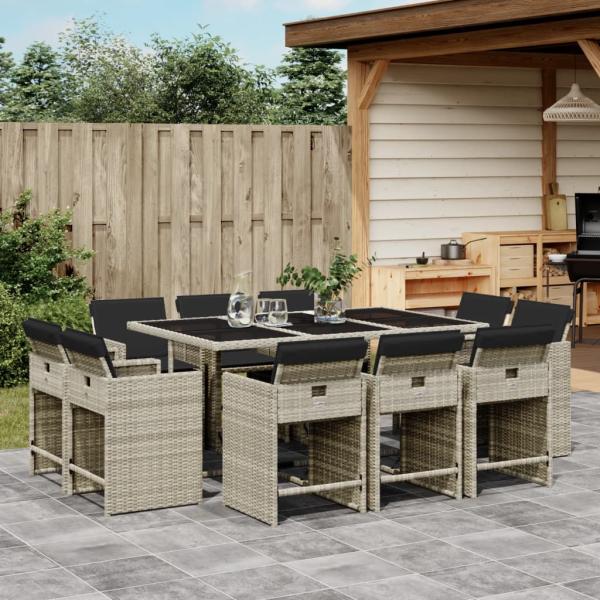 ARDEBO.de - 11-tlg. Garten-Essgruppe mit Kissen Hellgrau Poly Rattan
