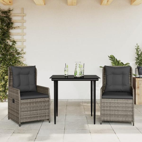 ARDEBO.de - 3-tlg. Garten-Essgruppe mit Kissen Grau Poly Rattan