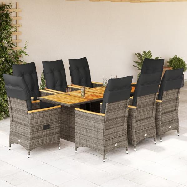 ARDEBO.de - 9-tlg. Garten-Essgruppe mit Kissen Grau Poly Rattan