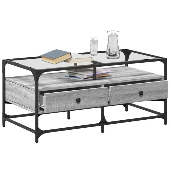 Couchtisch mit Glasplatte Grau Sonoma 98,5x50x45 cm Stahl