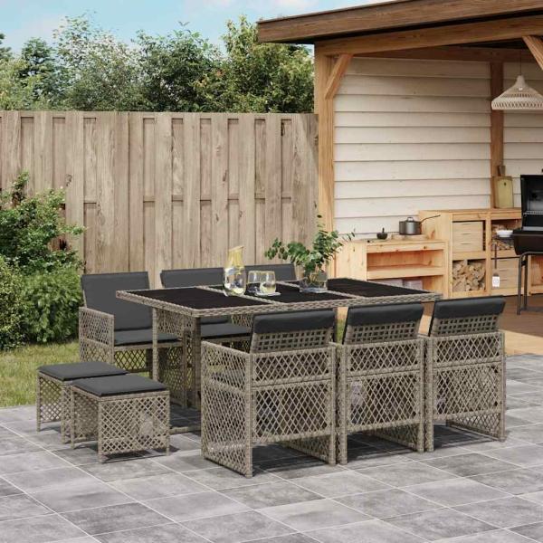 ARDEBO.de - 11-tlg. Garten-Essgruppe mit Kissen Grau Poly Rattan